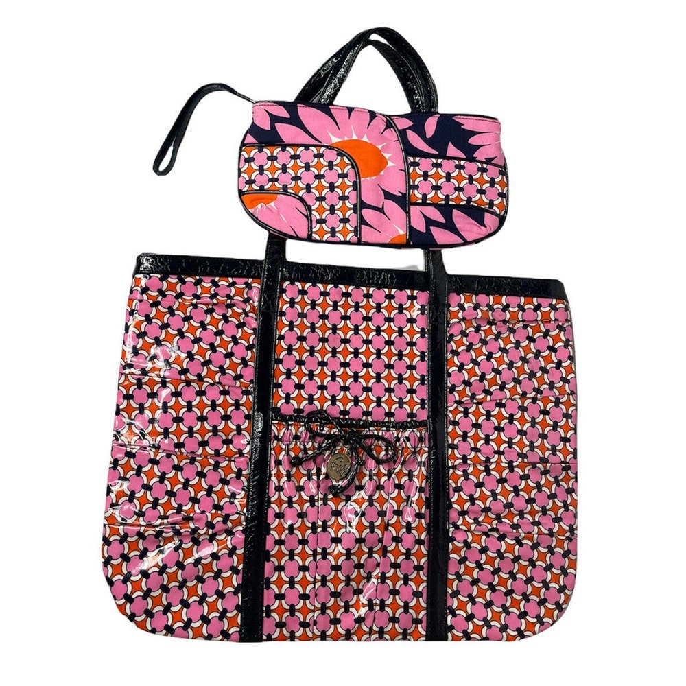 Vera Bradley Frill Loves Me Pink Orange Blue Large Vinyl Tote Bag & Wristlet Set